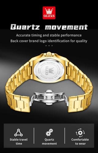 OLEVS Gold Watches for Men Luxury Business Quartz Men Wrist Watch Waterproof Stylish Classic Large Dial Watch for Men with Date Window Elegant for Evening Banquets Ideal Birthday Gift for Friend - Thumbnail 6