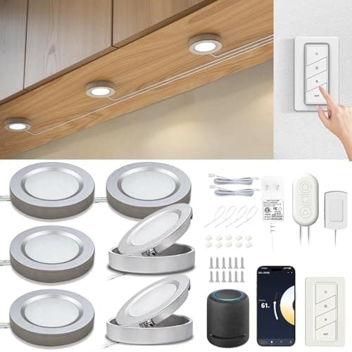 Smart Under Cabinet Lights Plug In, 6 Pack LED Puck Lights with App and Remote Control, CCT Tunable 2700K-7000K, Compatible with Alexa and Google Home, Dimmable Wired Lighting Kit for Kitchen,CRI 90+