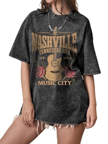 AUMORA Womens Oversized Graphic Tees Acid Wash Nashville Band T Shirts Crewneck Loose Fit Music Concert Tops Black - Image 1