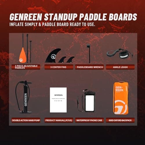 Genreen Paddle Board Stand up Paddle Board Inflatable SUP 11'*34'' EVA 0.5cm Thickened PVC Double Layer 450LBS 5 Grips Family Pet Friendly Lava Orange Black - Thumbnail 5