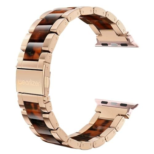 Wearlizer Tortoise Compatible with Apple Watch Band 38/40/41/42mm Womens, Replacement Stainless Steel Strap Fashion Resin Wristband Bracelet iWatch Series 11 10 9 8 7 6 5 4 3 SE/Ultra 3 2 1-Rose Gold - Image 1