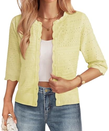 GRACE KARIN Womens Short Sleeve Cardigan Sweater Lightweight Cotton Cardigan Trendy Dressy Casual Open Front Shrugs Yellow - Image 1