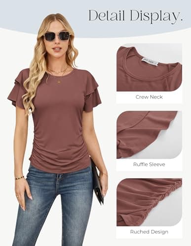 GRACE KARIN Summer Tops for Women Dressy Casual, Ruffle Short Sleeve Work Shirt, 2026 Spring Blouses Chocolate Brown XX-Large - Thumbnail 4