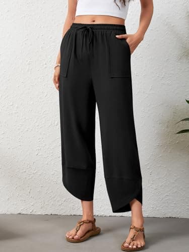 Jiflora Linen Pants for Women Wide Leg Barrel Baggy Palazzo Drawstring Elastic Waist Trousers with Pockets Black S - Thumbnail 3