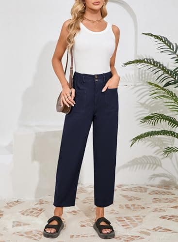 Dokotoo 2026 Fashion Capri Pants for Women Business Casual Outfits Lightweight Wide Leg Cargo Linen Pants Stretchy Cotton Slacks Breathable Oversized Palazzo Trouser Fall Outfits for Women Blue L - Thumbnail 5