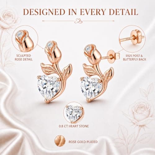 JACUPO 0.8CT Rose Heart Earrings Option of Sapphire Moissanite Stud Earrings Lab-Grown Earrings Birthstone Earrings for Women S925 Sterling Silver Post D Color VVS1 Clarity Ideal Gift for Wife Mother for Birthday Anniversary Valentine's Day Conveying I Love You Message (Apr Moissanite Rose Gold) - Thumbnail 3