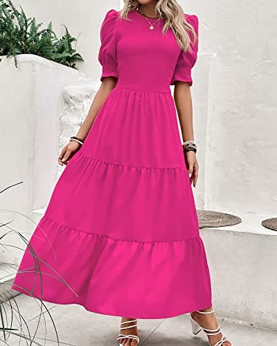 BTFBM Women Casual Summer Dresses 2025 Spring Crew Neck Ruffle Short Sleeve Floral Print Smocked Boho Flowy Maxi Dress(Solid Rose Red, Large) - Thumbnail 6