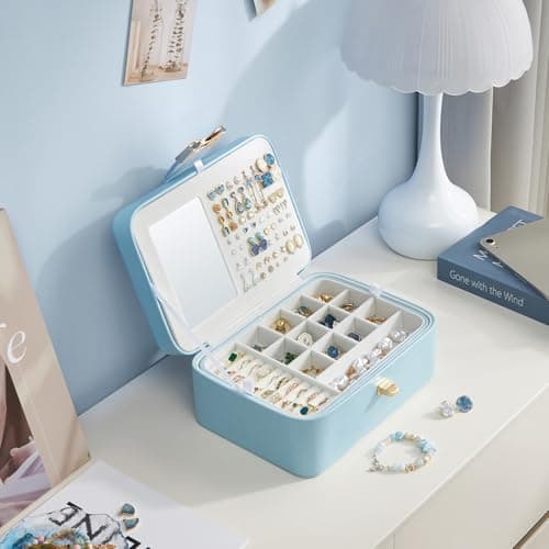 Lolalet 2 Layer Jewelry Box for Teen Girls & Young Women, Jewelry Organizer Case with Bow Clasp and Mirror for Earrings Rings Necklaces Storage, Gift Idea -Blue - Thumbnail 6