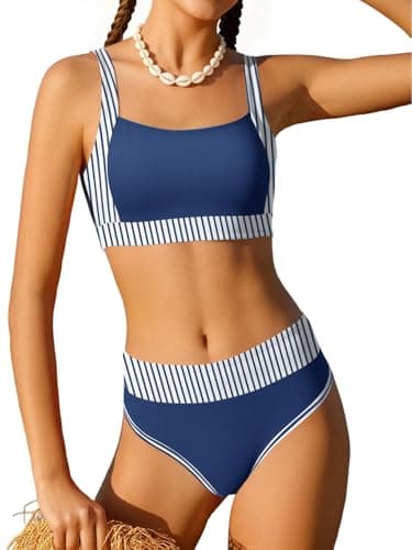 AMAWMW Girls Swimsuit Bikini Set 2 Piece Bathing Suit Color Block Swimwear for Teen Girls 7-16Y, Bule-Striped, 9-10 Years
