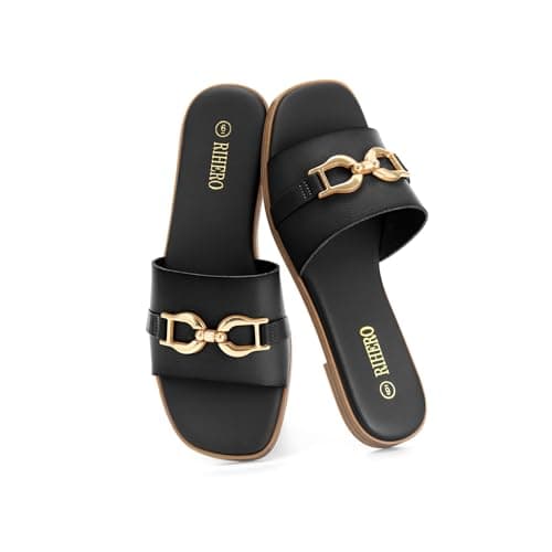 Rihero Black Flat Sandals for Women Summer Square Open Toe Slides Slip On Fashion Slide Sandals Wide Width Size 9.5 - Thumbnail 6