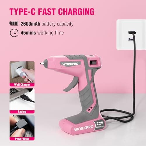 WORKPRO Cordless Hot Glue Gun, 30s Fast Preheating, 7.2V Dual-Temp Glue Gun Kit with 50pcs Glue Gun Sticks, Storage Bag, USB-C Charging Cord, 2600mAh Battery for DIY and Crafting - Thumbnail 5
