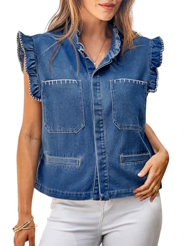 Tankaneo Womens Denim Vest Ruffle Sleeve Summer Causal Cropped Jean Vests Tops Sleeveless Jackets - Image 1