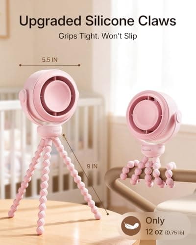 SWEETFULL Portable Stroller Fan, Pinch-Proof Baby Fan, 10H Battery, 5-Speed Quiet Mini Clip on Fan, USB-C Rechargeable with LED Display for Car Seat, Crib & Travel - Pink - Thumbnail 6