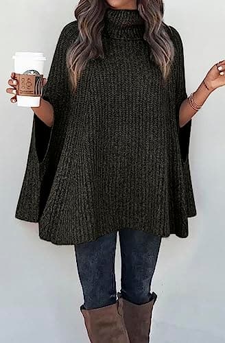 KIRUNDO Women's 2026 Fall Winter Turtleneck Poncho Sweater Fashion Chunky Knit Cape Wrap Sweaters Pullover Jumper Tops(Army Green, Medium) - Thumbnail 4
