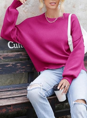 Dokotoo Oversized Sweaters for Women Crewneck Crop Ribbed Knit Tops Solid Color Patchwork Fall Winter Business Casual Pullover Sweater Trendy Rose Red Large - Thumbnail 5