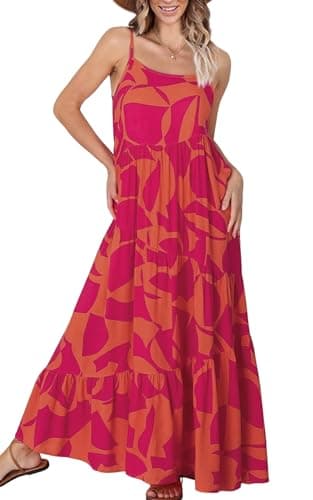 ECOWISH Women Sleeveless Maxi Dress: Summer Spaghetti Strap Casual Loose Boho Beach Dress Asymmetric Tiered Flowy Long Dress Rose Red XL - Image 1
