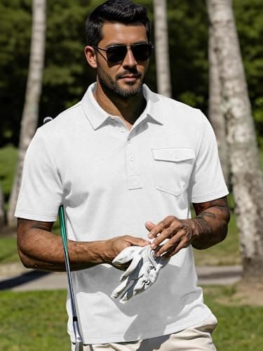 JEMLDL Mens Polo Shirts Short Sleeve Golf Tennis Shirt Quick Dry Collared Casual Work Tops with Pocket 4 Button Placket Tops White S - Thumbnail 4