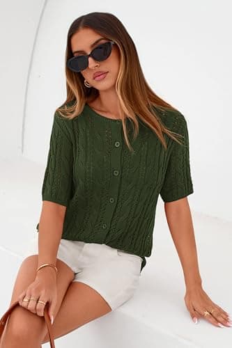 MASCOMODA Women Summer Cable Knit Crochet Cardigan Sweaters Casual Button Short Sleeve Sweater Cute Beach Hollow Out Knit Top(Army Green,Small) - Thumbnail 5