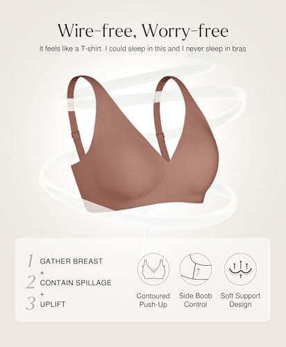 Wireless Push Up Bra Seamless Bras for Women Comfortable No Underwire Comfy Supportive Bralettes Deep V Tshirt Bra Coffee L - Thumbnail 4