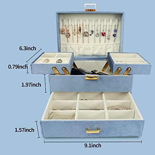 Dajasan Velvet Jewelry Boxes for Women Girls, Jewelry Organizer Box, Jewelry Storage Organizer for Rings Necklaces Bracelets Watch Earring (Blue) - Thumbnail 6