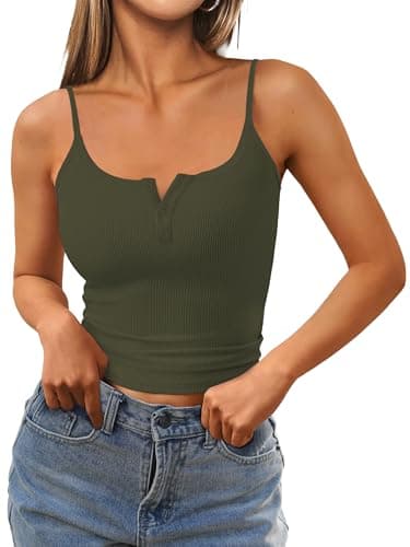 GKBK Women's Spaghetti Strap Tank Top Scoop Neck Ribbed Knit Henley Tank Tops Slim Fit Sleeveless Summer Cami Shirts Army Green XL - Image 1