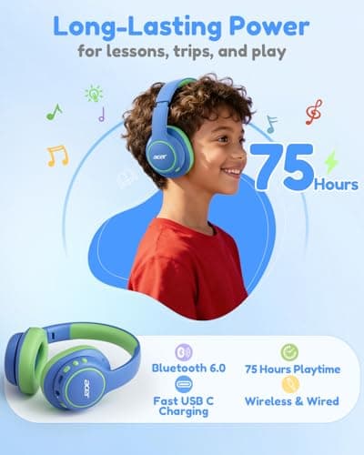 Acer Kids Bluetooth Headphones, Over Ear Headphone for Kids with Mic, 75H Playtime, 85dBA Safe Volume, Bluetooth 6.0, USB C Fast Charging, Toddler Headphones for iPad/Tablet/Travel/School-Blue Green - Thumbnail 5