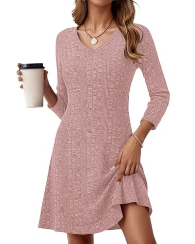 MOLERANI Women's Long Sleeve Ribbed Knit Fall Dress for Women 2025 Sweater Dresses - V Neck Homecoming Party Wedding Guest Dresses Elegant Flattering Fit for Teachers, Dusty Pink, 2XL - Image 1