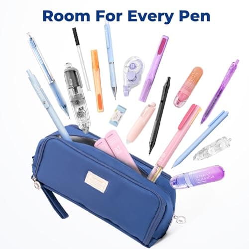 Four Candies Blue Pencil Case 3 Compartment Pouch, Large Pencil Case for School, Girls, Teen Boys, Women, Dark Blue, Removable Handle & Zipper, Cute Pencil Bag for Office, College - Thumbnail 6