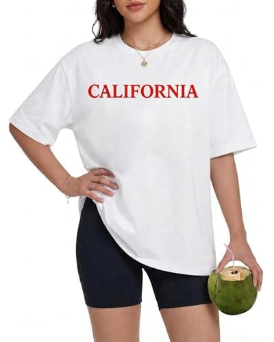 Aiyino Womens Oversized Graphic Tee 100% Cotton California Surfboard Palm Beach Shirt Loose Fit Summer Top Teal Waves L - Thumbnail 4