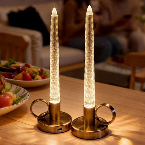 JandCase Flameless Candles, Rechargeable Pillar Candles Battery Operated 2 Pack, LED Acrylic Crystal Electric Candles, Dimmable Small Cordless Table Lamp for Valentines Wedding Centerpiece Decorations - Image 1