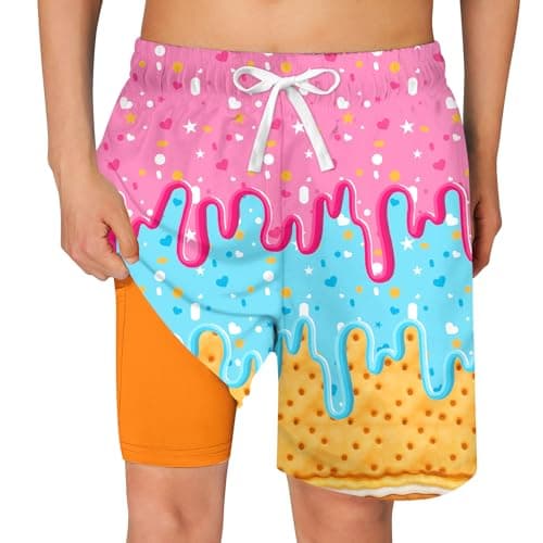 Cozople Big Boy's Pink Yellow Ice Cream Swim Trunks with Compression Liner Quick Dry UPF50+ Swimwear Bathing Suits Stretchy No Mesh Sports Surfing Boardshorts Swimsuit Size 8 - Image 1