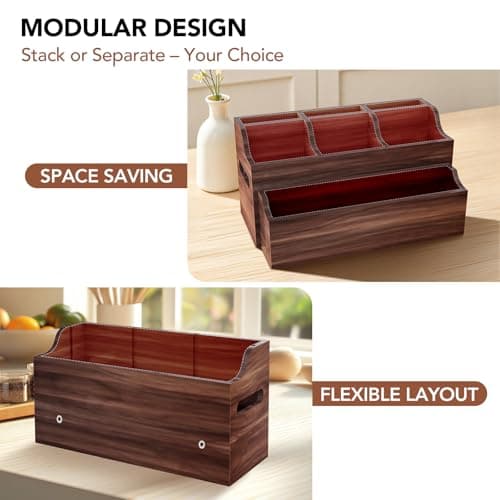 DIOLOVE Wooden Utensil Holder for Countertop with Spoon Rest, Farmhouse Kitchen Utensil Organizer with Compartments, Wall Mount Rustic Cooking Tool Caddy for Spatulas, Spoons, Ladles, Cutlery - Thumbnail 2