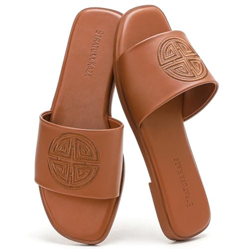 Stratuxx Kaze Womens Flat Sandals Dressy Summer Slide with Memory Foam Comfortable Cute Leather Brown Sandals for Women