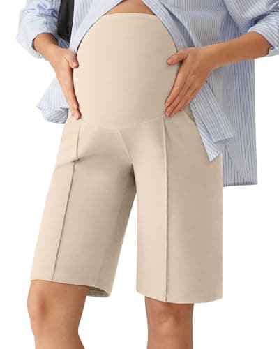G4Free Pregancy Shorts Business Casual High Waisted Wide Leg with Side Pockets Over Bump Maternity Shorts for Summer(Light Khaki,XS,10'') - Image 1
