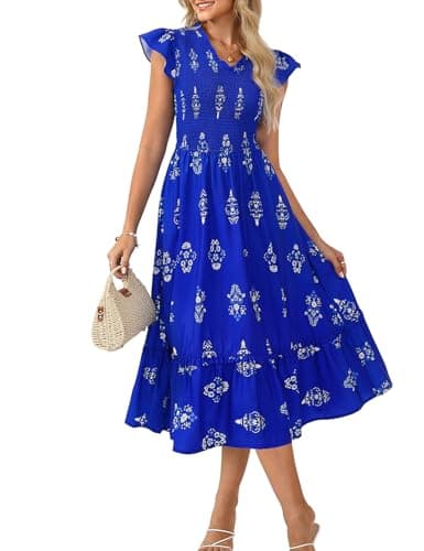 GRACE KARIN Casual Summer Dress for Women 2026 V-Neck Short Sleeve Smocked Midi Dress Royal Blue Floral S - Image 1