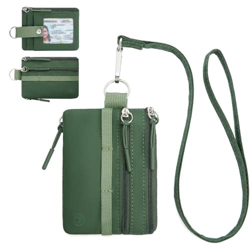 BOSTANTEN Small Wallet RFID, Minimalist Zip ID Case Wallet with Lanyard Keychain, Water Resistant Card Wallets for women & Men, Green