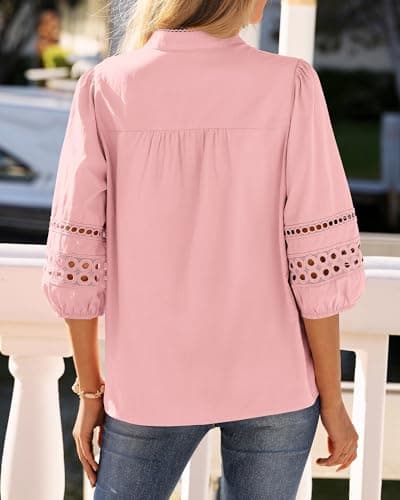 BTFBM Summer Tops for Women 2026 Eyelet Top 3/4 Length Sleeve Dressy Casual Blouses Spring Boho Button Down Shirts(Pink, XX-Large) - Thumbnail 3