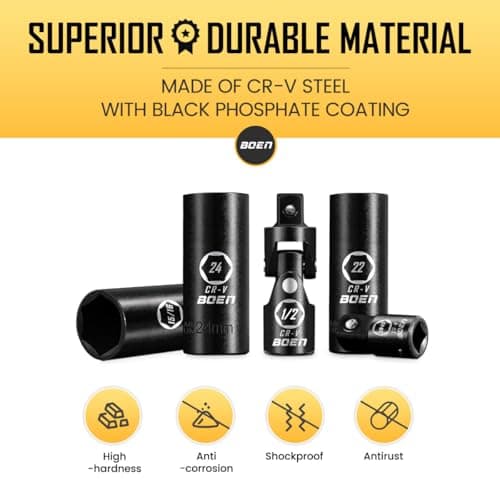 BOEN 35-Piece 1/2" Drive Deep Impact Socket Set - SAE 3/8"-1-1/4" & Metric 8-24mm, Extensions, Joint & Adapter, Cr-V Steel, Double Lock Case - Thumbnail 4