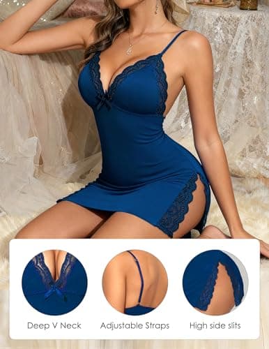 Girece Lingerie for Women Sexy Nightgown Lace Trim Sleep Dress with Side Slit Night Gowns Soft Loungewear Sleepwear(Navy Blue,XL) - Thumbnail 6