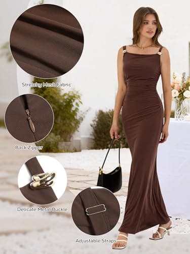 ZAFUL Brown Wedding Guest Dress Women's Sexy Dress Formal Sleeveless Cocktail Floral Mesh Ruched Bodycon Maxi Party Long Dresses - Thumbnail 4
