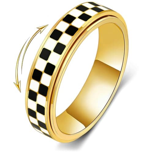 Mothers Day Gifts for Mom Daughter-Checkered Fidget Ring for Anxiety Relief,Silent Spinning Jewelry,Black & White Pattern Stainless Steel 18K Gold Plated Thumb Spinner Jewelry for Men Women Size 5-11 - Image 1