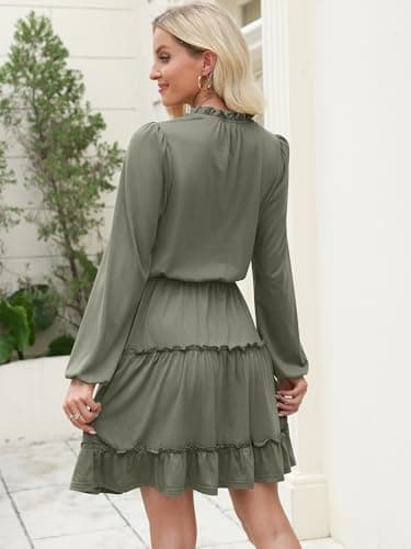 Caracilia Long Sleeve Dress for Women Fall 2026 Casual V Neck High Waist Tiered Ruffle Aline Swing Tunic Short Mini Dresses X-Large Army Green - Thumbnail 6