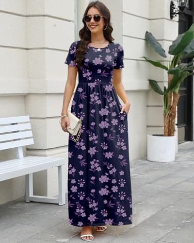 COSSEN Women’s Crewneck Short Sleeve Maxi Dress Purple Print Large with Pockets – Casual Loose Swing Sundress for Wedding Guest, Beach & Vacation - Thumbnail 5