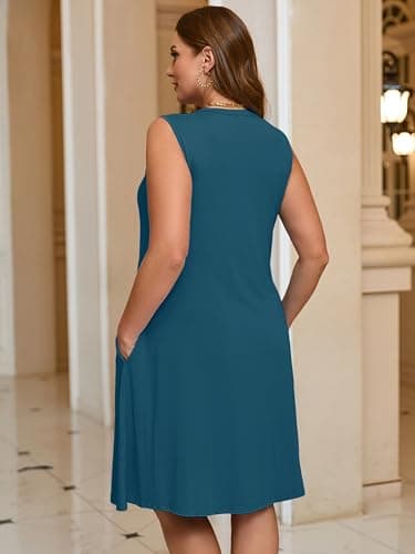 AusLook Plus Size Midi Dress for Women Sleeveless Casual Summer Indigo Blue 1X Tank Dress with Pockets Round Neck A-Line Swing Flowy Solid Color Travel Vacation Sundress - Thumbnail 2