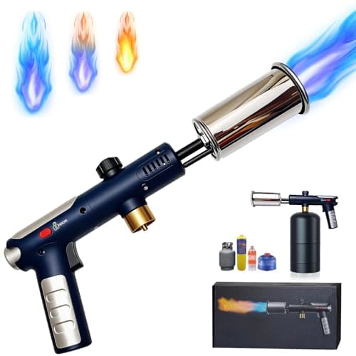 Dual Ignition Propane Torch Gun with Safety Lock & Turbo Flame, 3272°F Adjustable Torch Lighter, One-Touch Max Flame Button, Handheld Blowtorch for Cooking, BBQ, Camping (Propane Tank Not Included)