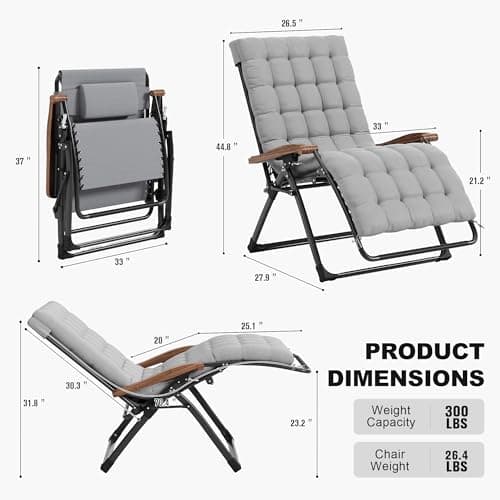PURPLE LEAF Extra Wide Outdoor Reclining Chair Patio Zero Gravity Chaise Lounge Folding Chair with Removable Cushion Adjustable Headrest for Lawn Camping Beach Pool Grey - Thumbnail 2