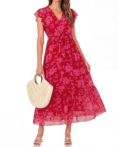 BTFBM Women Summer Bohemian Floral Casual Wrap V Neck Ruffle Cap Sleeveless Belt A-Line Pleated Hem Swing Midi Sun Dress(Red Big Floral,X-Large) - Image 1