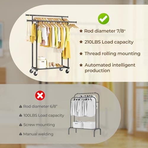HYSEYY Double Rods Clothes Rack, Rolling Clothing Rack for Hanging Clothes Portable Wardrobe Rack, Metal Garment Rack Sturdy Coat Rack for Bedroom Laundry Living Room, Black - Thumbnail 5
