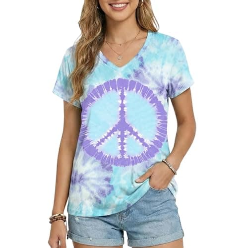Women Hippie Shirt 60s 70s Peace Love Graphic Tie Dye V-Neck Tshirt Vintage Hippie Style Tee Tops - Image 1