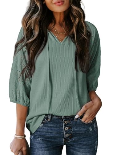 Dokotoo Plus Size Womens Tops Dressy Casual Date Outfits Embroidered Hollow Out Ladies Tops and Blouses 3/4 Sleeve Shirts Cozy Waffle Knit Lace V Neck Summer Outfits for Women Mist Green XX-Large - Image 1